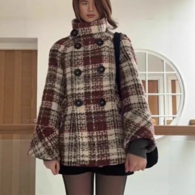 Christmas Throw Blanket - Warm Checkered Turtleneck Shoulder Straight Coat
